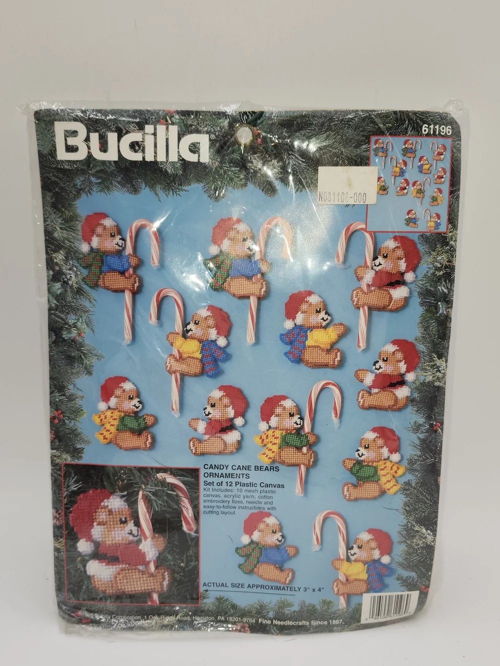 Vintage  Bucilla 61196 Candy Cane Bears Ornament Kit needlepoint Christmas Craft